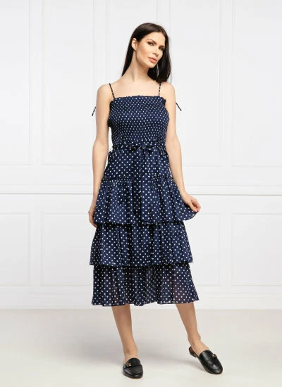 $358 NEW Tory Burch PRINTED RUFFLE DRESS Polka Dot Smocked Midi Navy White XS L