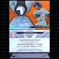 2017 BOWMAN CHROME CAR-GT GLEYBER TORRES AUTOGRAPH RELIC CARD /25 /150