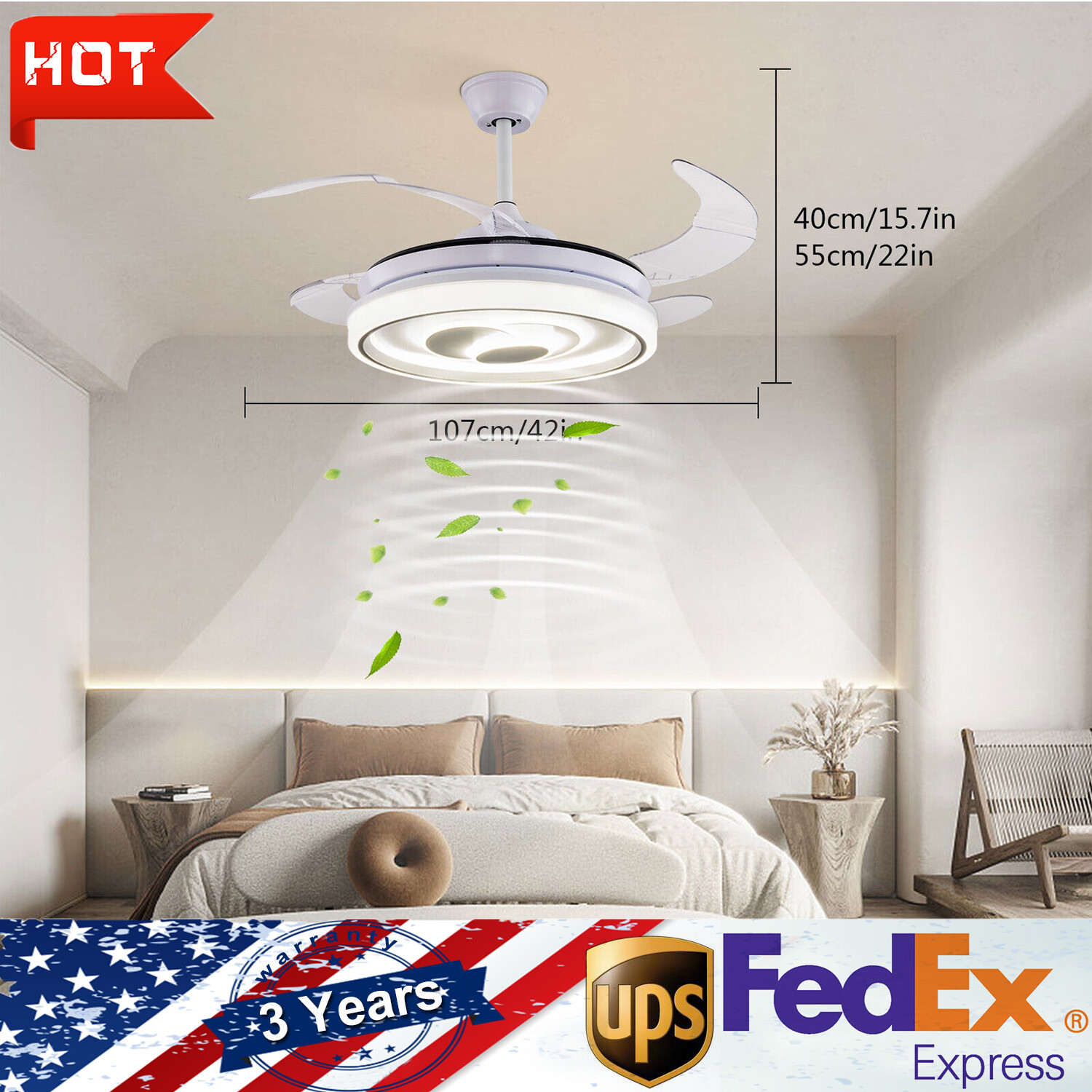 42 Inch Smart Ceiling Fan with Remote Control Retractable Blades 3 Color Light Options