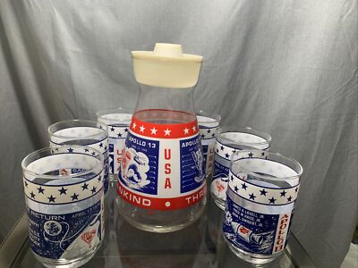 Vintage 1970s NASA Apollo Missions Carafe Decanter & 6 Glass Set Space Astronaut