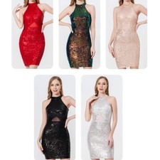 Women Mini Dress Bodycon Dancewear Latin Dance Party Sequin Wrap Halter New
