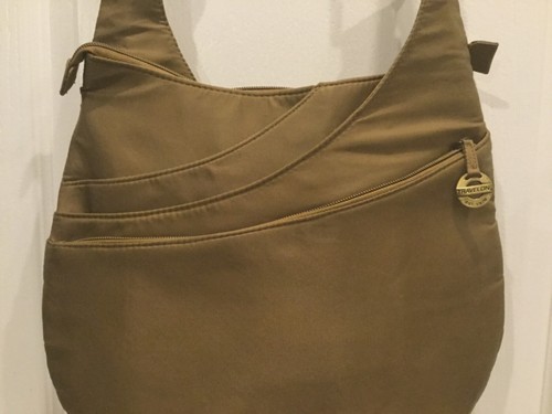 Travelon Cross Body Shoulder Handbag Tan Satin Finish Fabric H3 - Picture 4 of 9