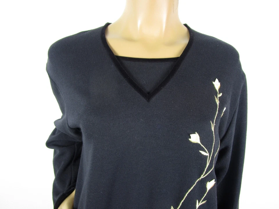 Teddi Black Long Sleeve Top Size S Embroidered Floral Gold White Velvet Trim - Image 2 of 4