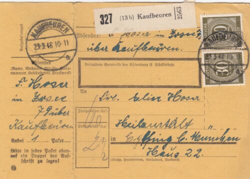 Paketkarte 1948: Kaufbeuren nach Heilanstalt Eglfing - Bild 1 von 2