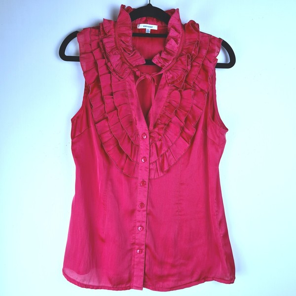Valley Girl Ladies Pink Blouse Shirt Top Sleeveless Ruffles Buttons Size 10