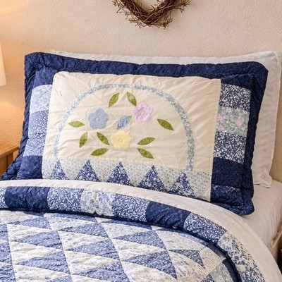 Patchwork Baby Quilt Floral Applique Blue White Cottagecore Standard Sham