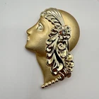 Vintage 90s Art Deco Lady Face Brooch Pin Gold Tone Statement Classic Jewelry