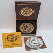 Montana Centennial 1989 Belt Buckle Mule Deer Limited of 5000 State Seal