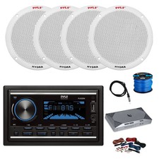 Pyle Double DIN BT Marine Stereo Receiver, Amp, 4X 6.5" 150W Speaker,Accessories