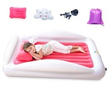 Inflatable Toddler Travel Bed Portable Kids Air Mattress Set w Safety Coral