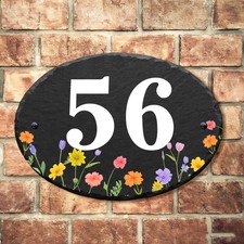 Personalised Rustic Slate Flower House Number Sign Wall Mounted Address Plaque