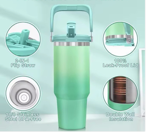 30 Unzen Thermo Edelstahl Becher mit 2-in-1 Flip Strohhalm/Griff Vakuum Becher - Bild 2 von 17