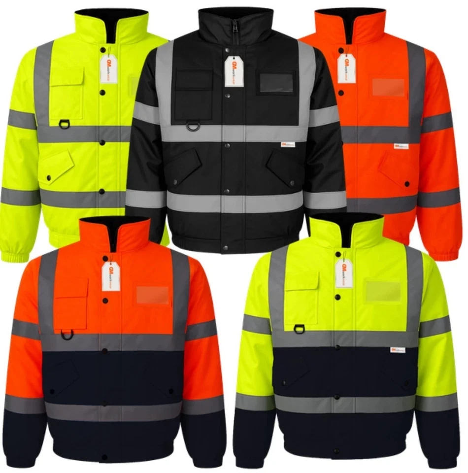 GM WORKWEAR Hi Vis Bomber Jacket Waterproof 300D Oxford EN471 Reflective Safety Work Coat