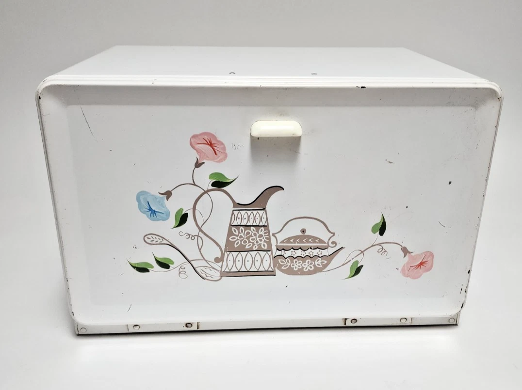Vintage Ransburg White Aluminum Metal Bread Box Pitcher Kettle Flower Graphic