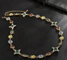 Men's Multicolor Gemstone Beaded Gold Tone Chain Necklace with Lobster Clasp