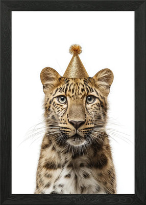 Amur Leopard Cub with Party Hat Framed Wall Art Poster Canvas Print Picture