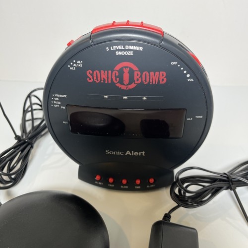 Sveglia Sonic Alert Sonic Bomb con Scuotitore Letto Vibrante Nero Rosso Testata - Foto 2 di 10