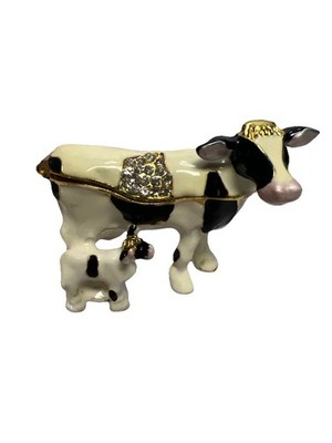Cow & Calf B & W Rhinestones & Gold Trim Jewelry Trinket Box