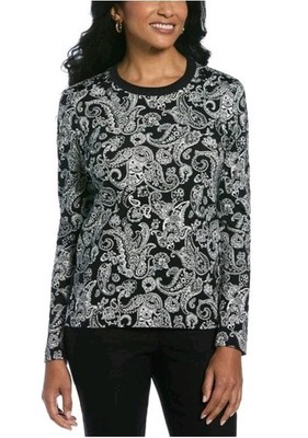 Rafaella Women's BlackPaisley Classic Relaxed Fit Long Sleeve Top Size Small NWT
