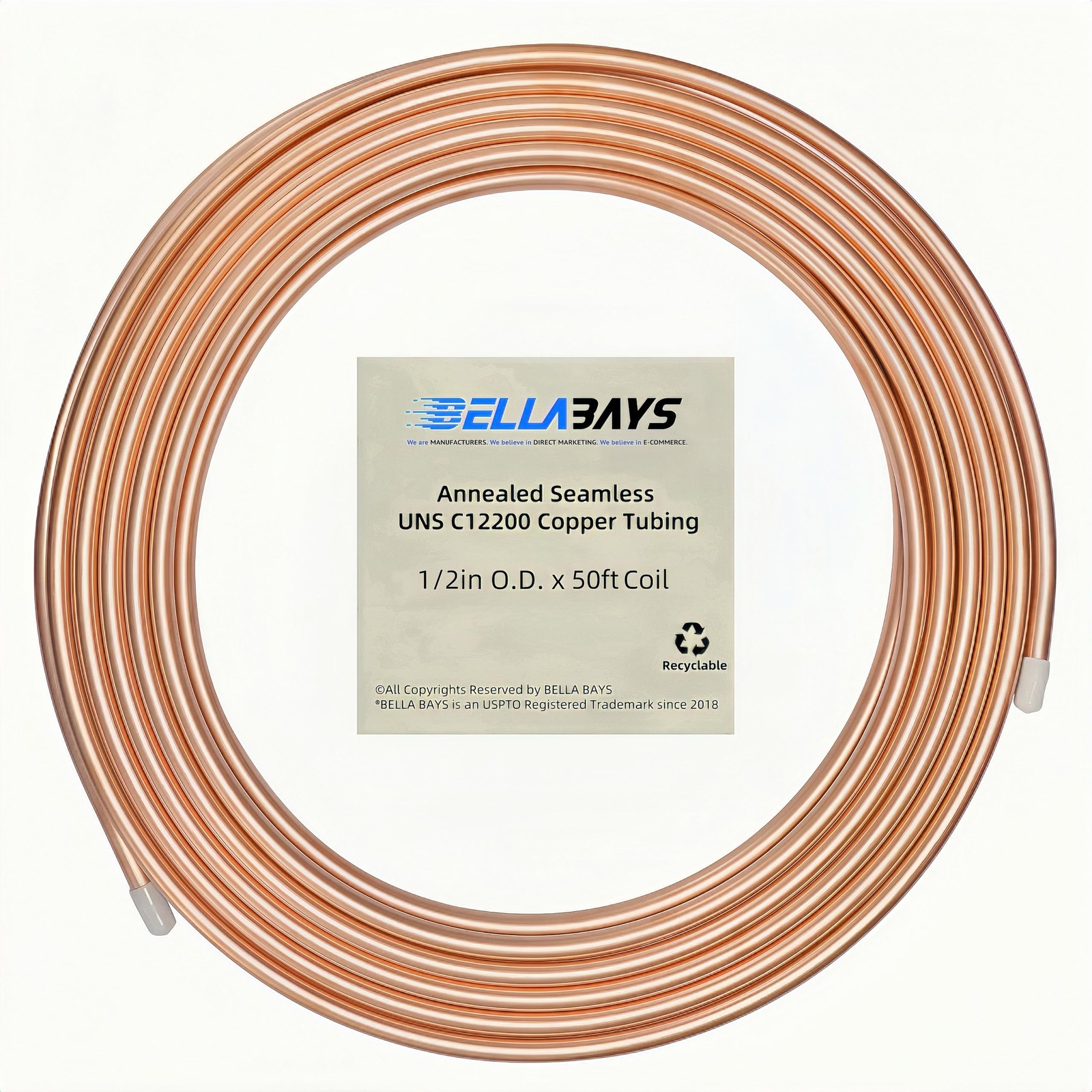 Copper Tubing 1/2 x 0.444 x 50 Ft, 99.9% C12200 B280 Refrigeration Tubing