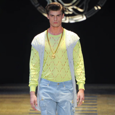 VERSACE sweater pistachio green silk & cotton openwork diamond pattern size 46