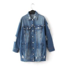 Oversized Mid Wash Long Denim Distressed Jacket- SMALL