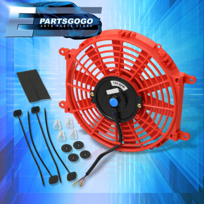 1x 10'' Inch 12V Electric Slim Push Pull Radiator Cooling Fan Red + Mounting Kit