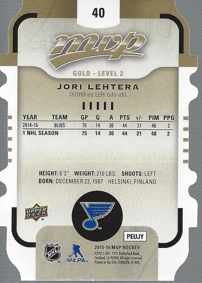 2015-16 Upper Deck MVP Colors and Contours #40 Jori Lehtera L2G - NM-MT ...