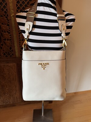 PRADA Schultertasche 1BE066 Leder grau beige gebraucht Damen