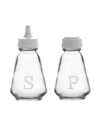 SALZ PFEFFER ESSIG ÖL STREUER KRUZIFIX TOPF KLARGLAS FLASCHE GLAS WEISS KUNSTSTOFFDECKEL