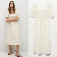 MANGO Beige Smocked Short Puff Sleeve Square Neck Midi Dress SZ S(4)