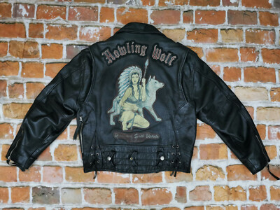 Avirex USA Vintage Biker Leather Jacket Howling Wolf Indian Squaw