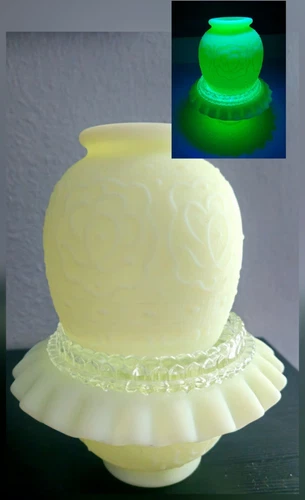 Vintage 3 pc Fenton Persian Medallion Custard Satin Uranium Glass Fairy Lamp
