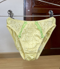 Vintage Slippery Polyester Panty Silky Nylon Heart Lace Sheer Yellow Bikini Sz.5