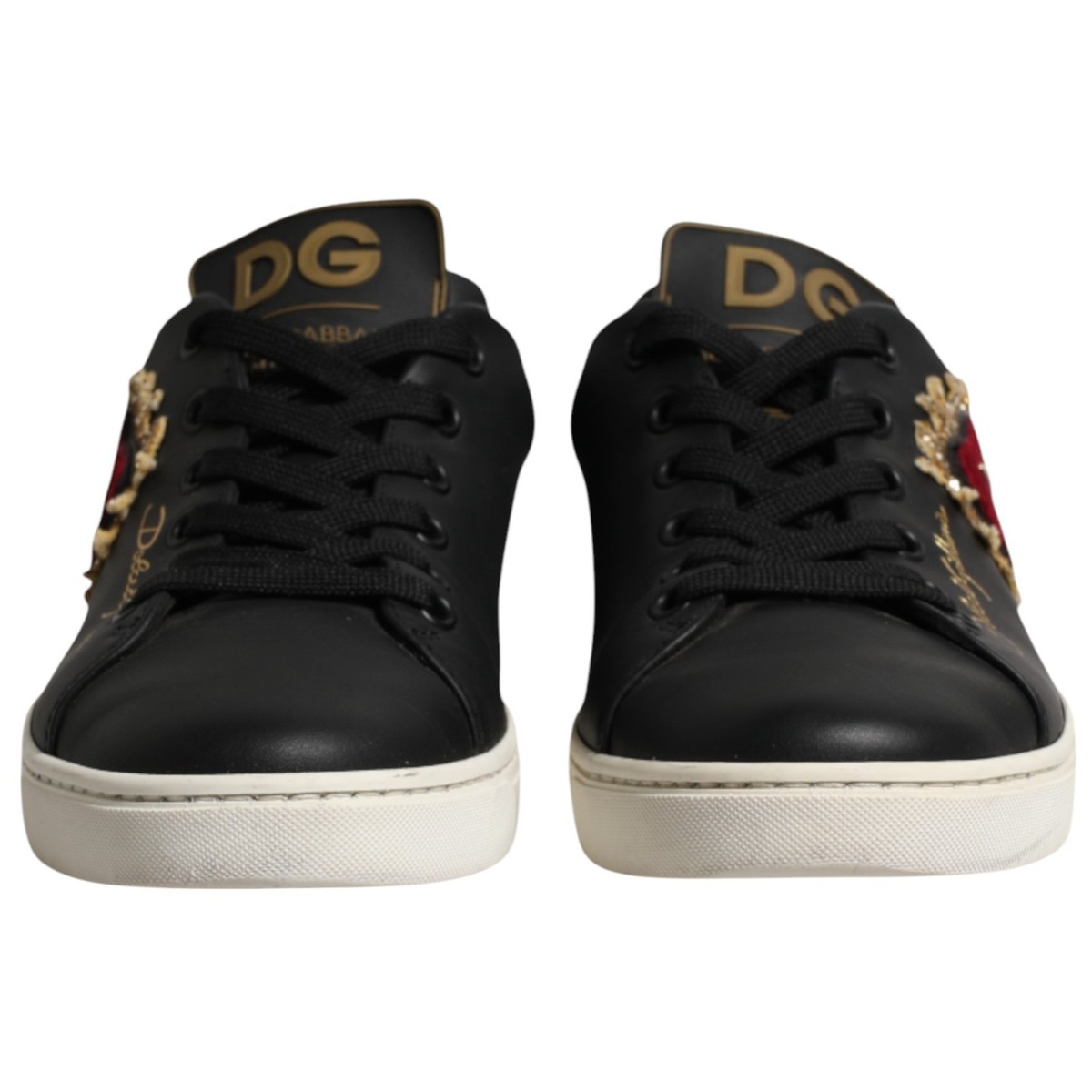 DOLCE & GABBANA Shoes Black Leather Sacred Heart Sneakers EU38