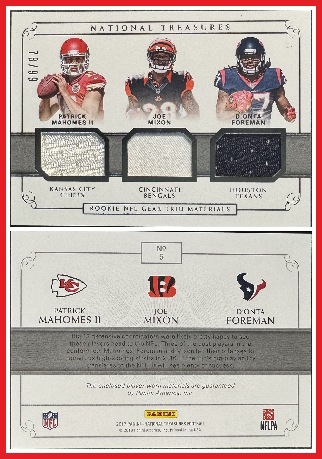 2017 National Treasures Rookie NFL Gear Trio Mahomes Mixon Foreman #5 /99