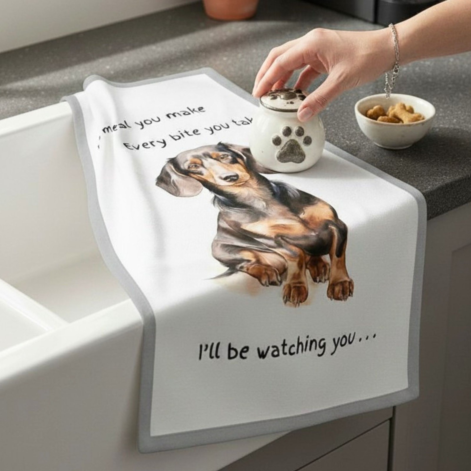 Dachshund Dog gift Cotton Tea Towel Watching You wording fun stocking filler