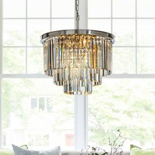 Open Box 6-Light Mid-Century Satin Nickel 3-Tier Round Fringe Crystal Chandelier
