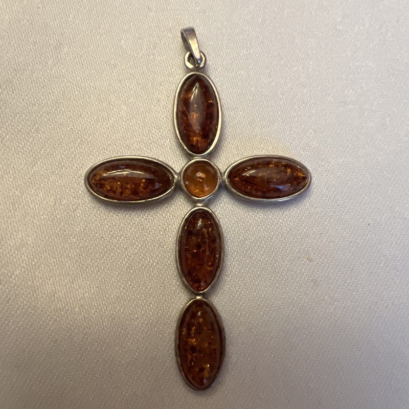 Vintage Valerio 888 V8 Poland .925 Sterling Silver Baltic Amber Cross Pendant