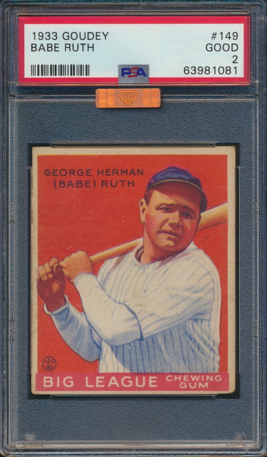 1933 GOUDEY BASEBALL #149 BABE RUTH PSA 2 GOOD HOF YANKEES MBA