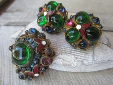 Vintage 1950's HOBE Colorful Glass Cabochon Rhinestone Pin Brooch Earrings SET