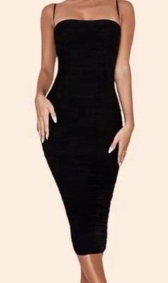 HOUSE OF CB  Sirene  Runched Black Mesh Bodycon Midi Dress Sz XS