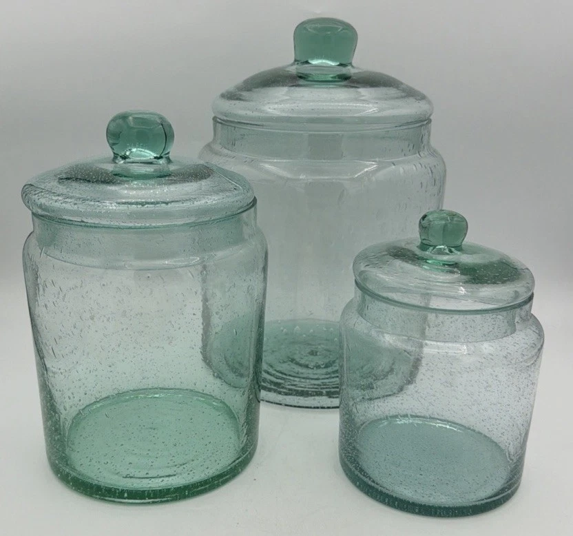 Vintage Handblown Blue Green Glass Apothecary Jars & Lids 10” 8” 6” Set of 3
Opens in a new window o