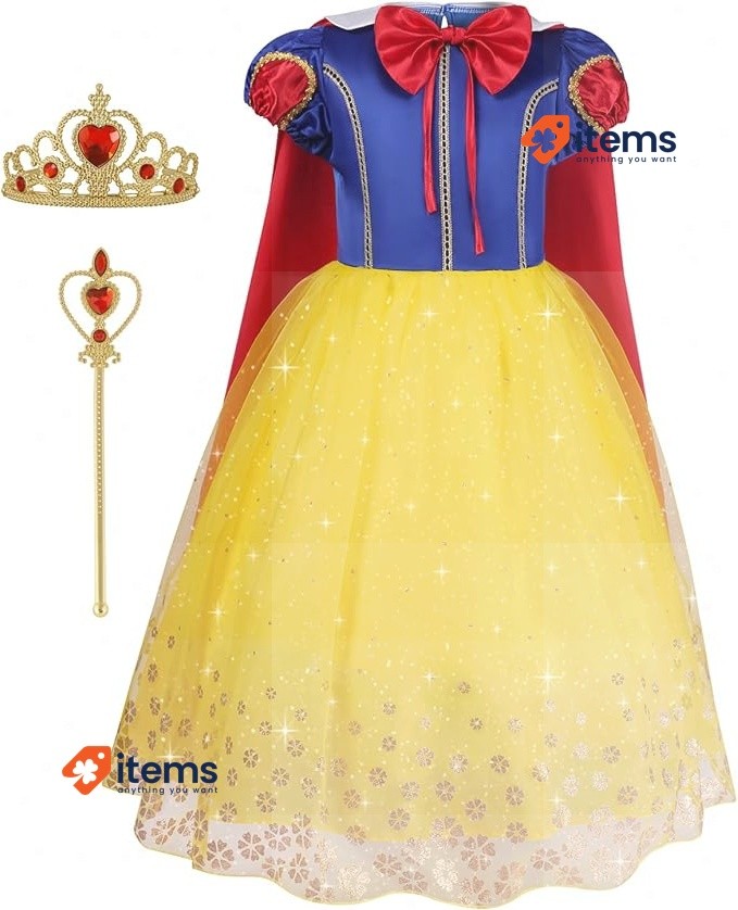 Aomig Blanco Nieve Disfraz de Princesa Infantil 4-Pieza Set Vestido Niña Corona