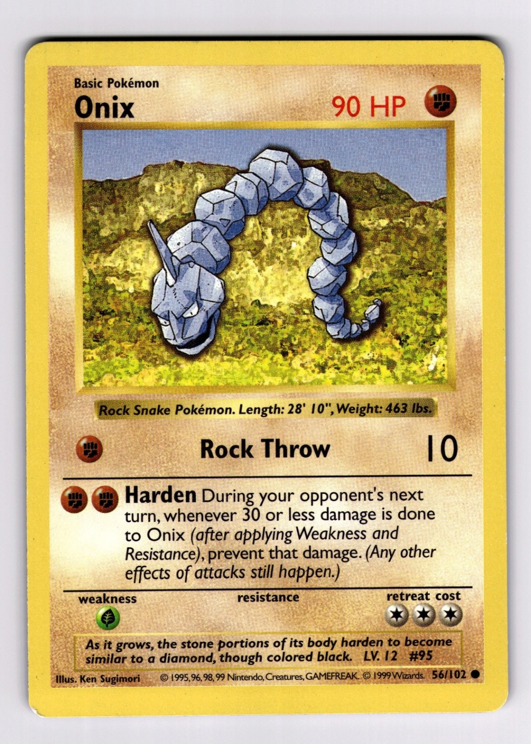 Onix 056/102 Base Set (Shadowless) 1999 Pokemon Ken Sugimori WOTC MP