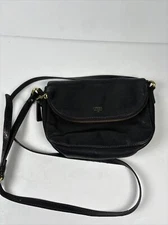 Fossil Black Pebble Leather Fold Over Flap Purse 9x6.5"