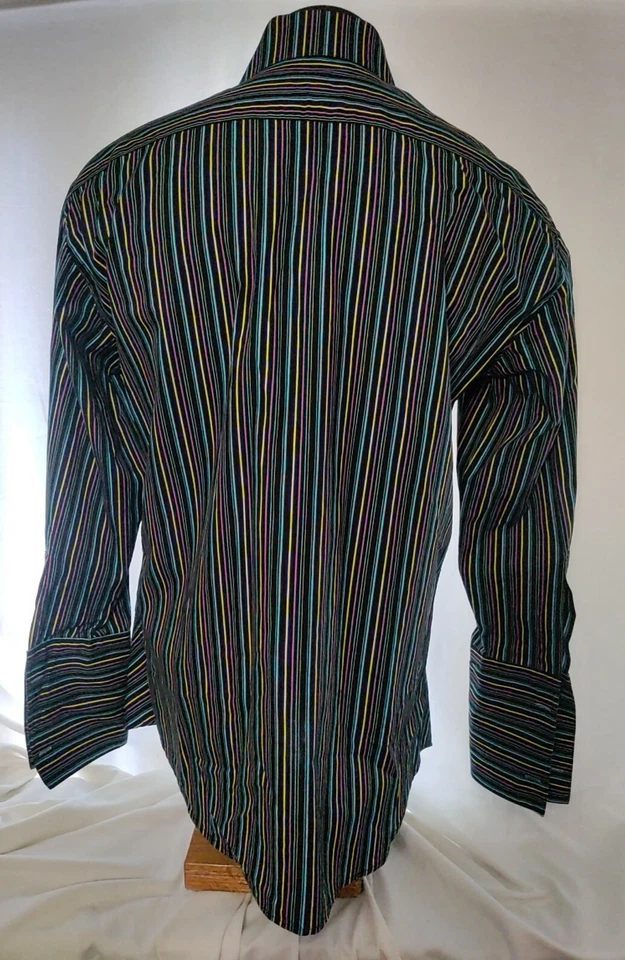 Camisa de Vestir Brandolini Negra Multicolor Rayas Algodón Puño Francés 44 17.5 Nueva Sin Etiquetas Foto 3 de 4