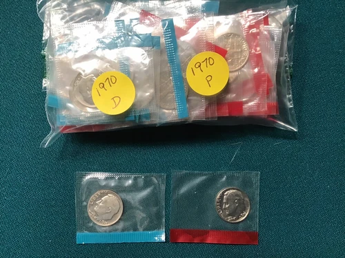 1970-P/D Roosevelt Dime -  Uncirculated Roll - 25 P  & 25 D In Mint Cello Pak