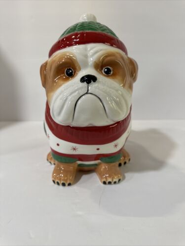 English Bulldog Winter/Christmas Cookie Jar Sleigh Bell Bistro - Picture 1 of 9