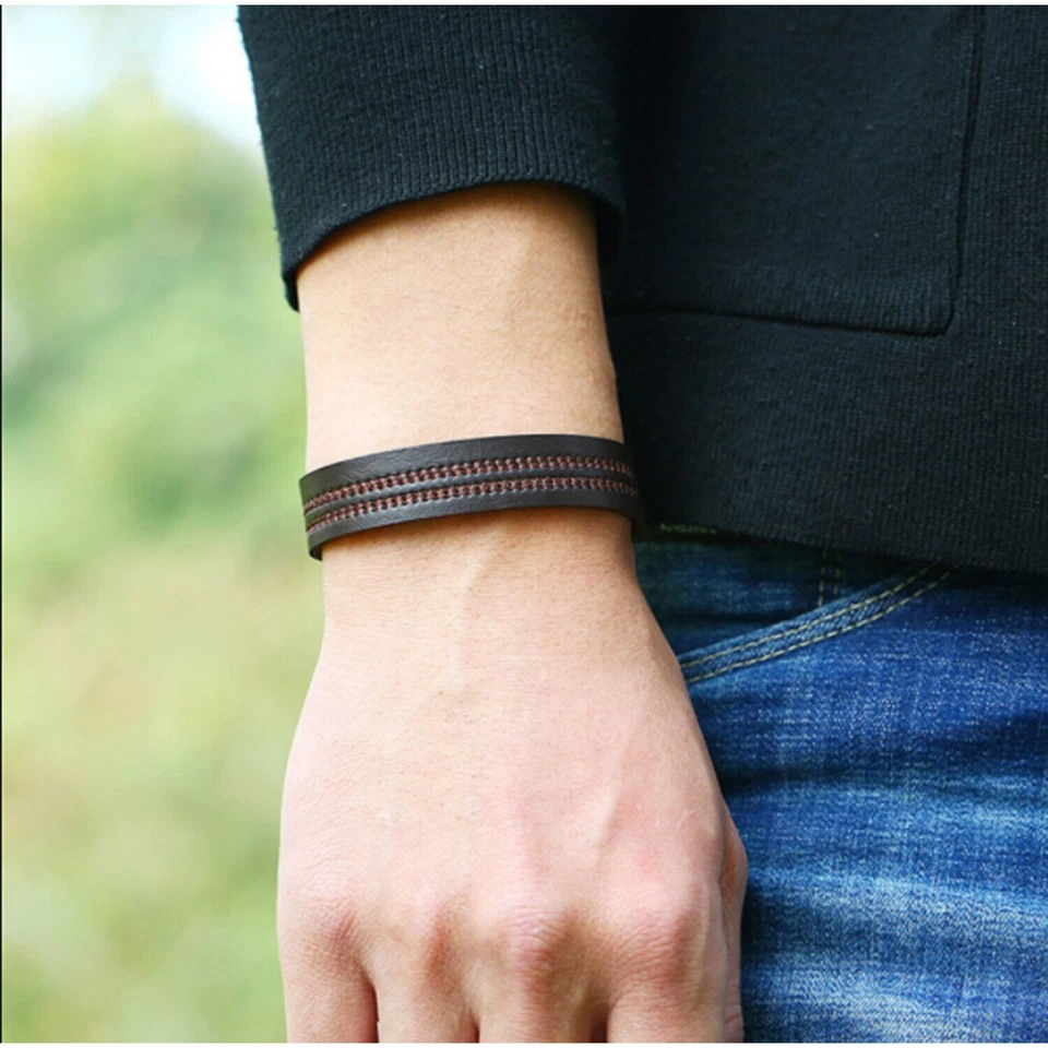 Bracciale Uomo Donna Pelle/Cuoio Ricamato da Polso Braccialetto Nero/Marrone - Immagine 3 di 3